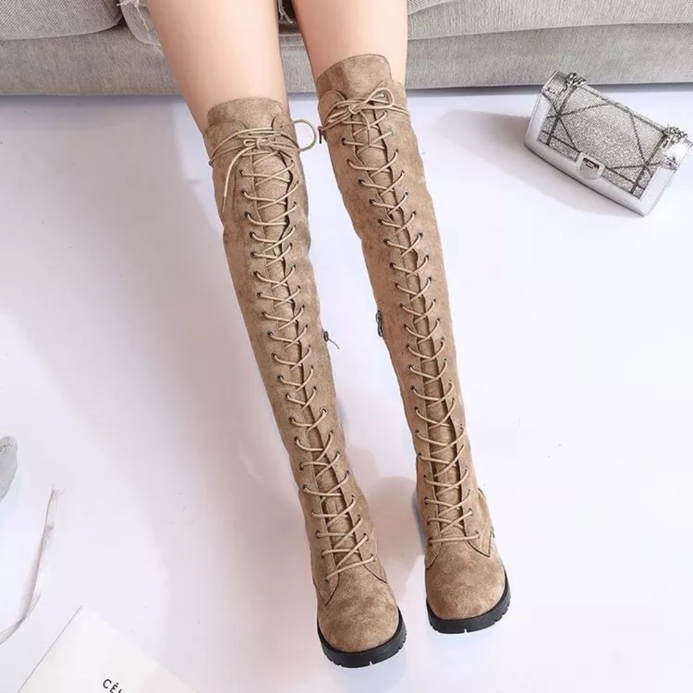 LAST 1️⃣Vegan Suede Tan Over Knee Lace Up Boot - Picture 5 of 6